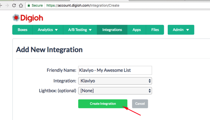 add new klaviyo integration to Digioh