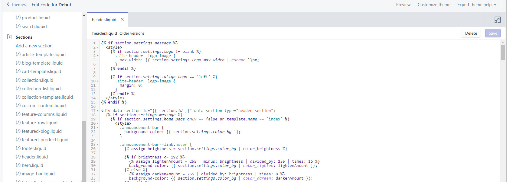 header code in shopify edit theme window