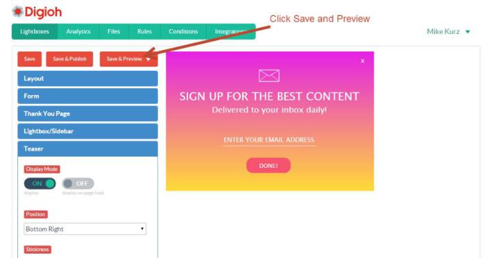 save and preview lightbox teaser
