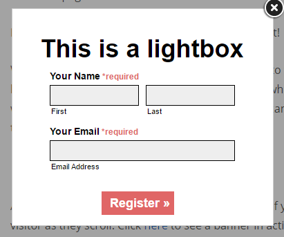 a website lightbox pop-up with fields for first name, last name, and email address