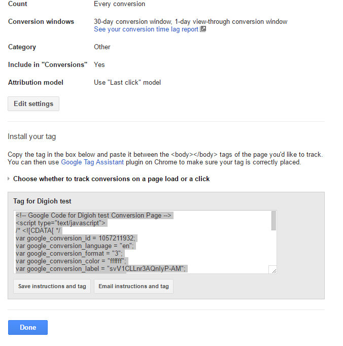 google ads conversion tracking code snippet