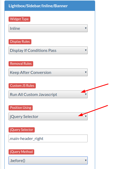 position an inline widget with a jQuery selector