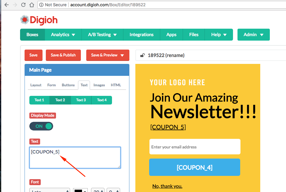 add dynamic coupon codes to pop-ups in the digioh editor