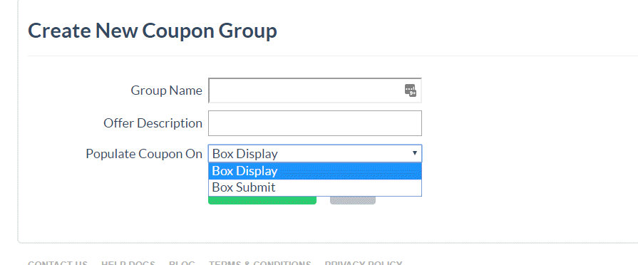 create coupon group to populate coupon code on box event