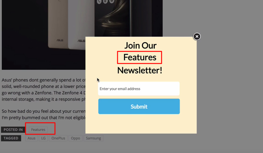 email signup lightbox that dynamically displays the article category