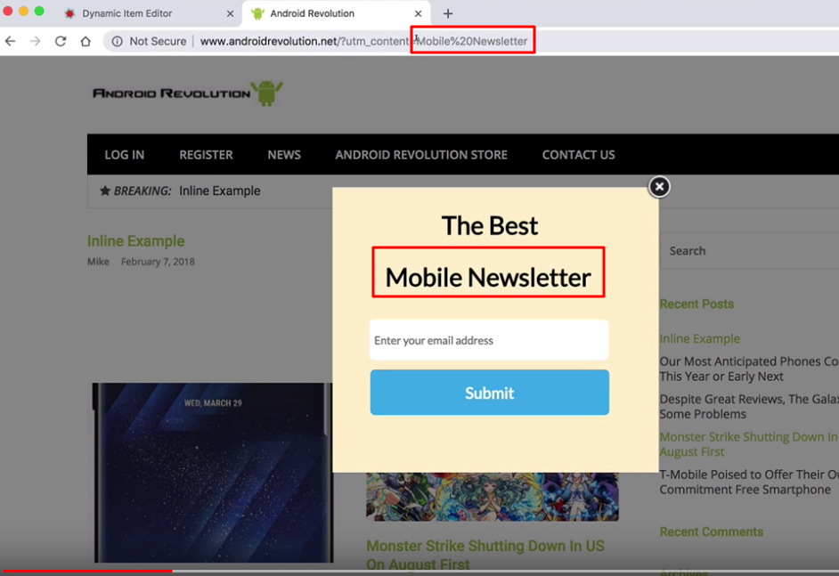 mobile newsletter lightbox with dynamic content