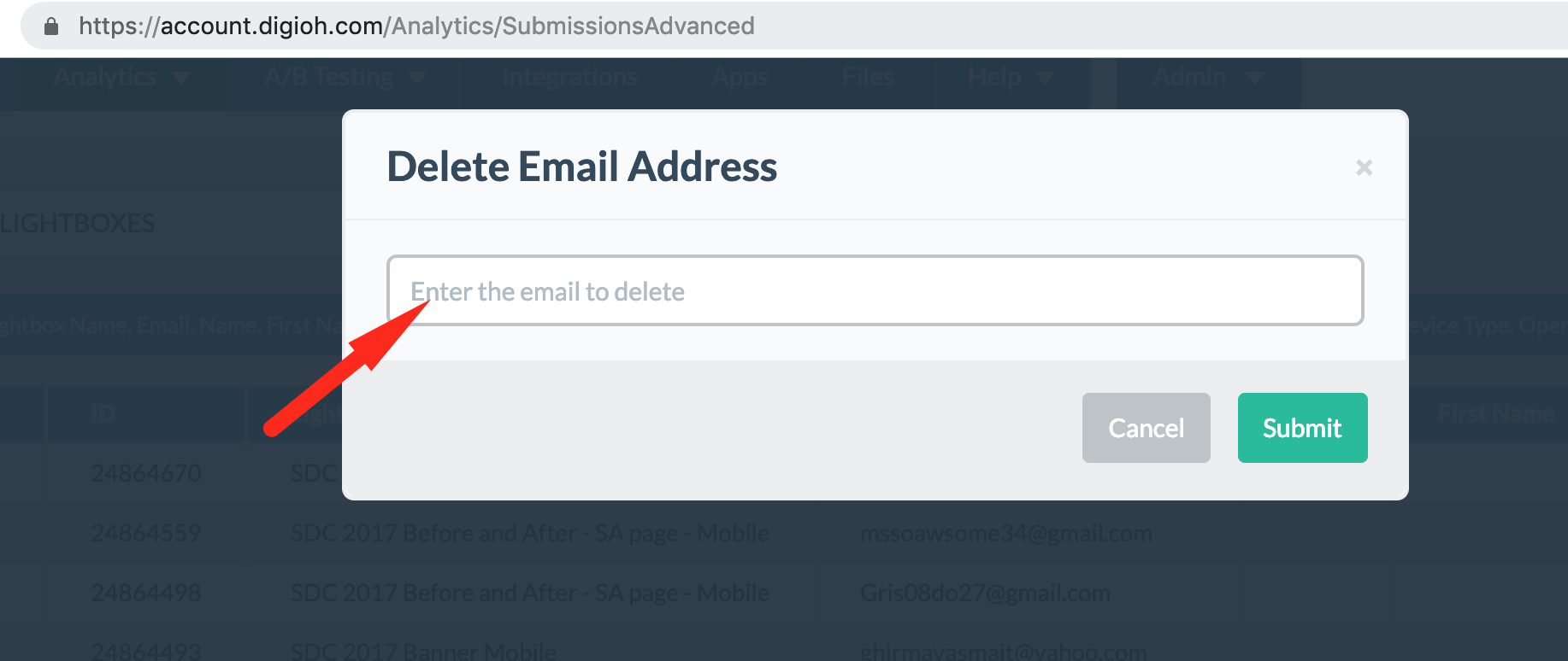 enter email address to delete