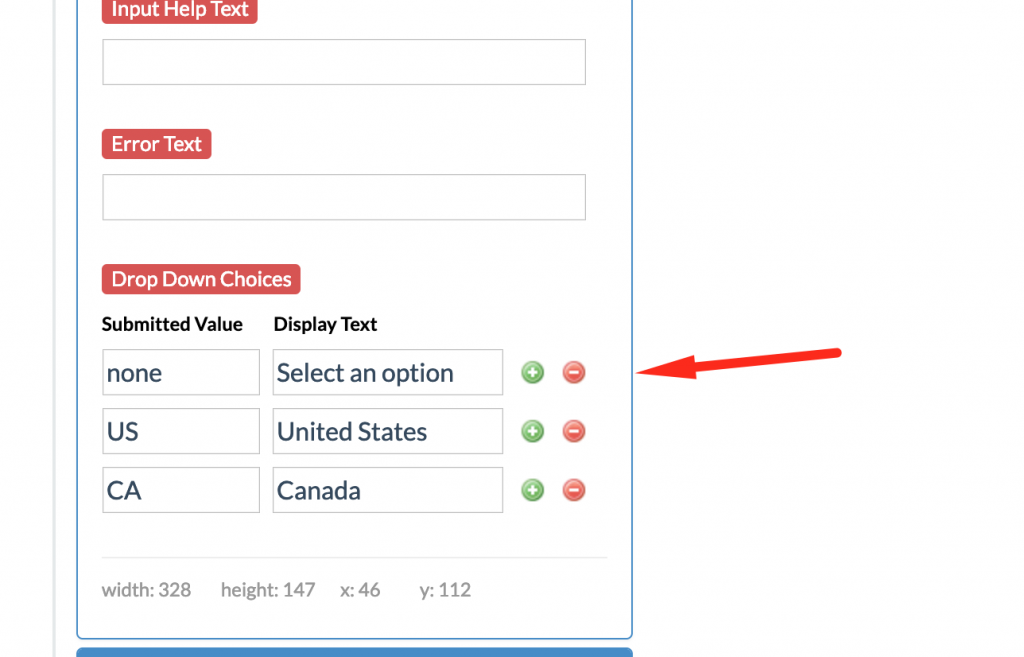 dropdown menu with United States and Canada inputs