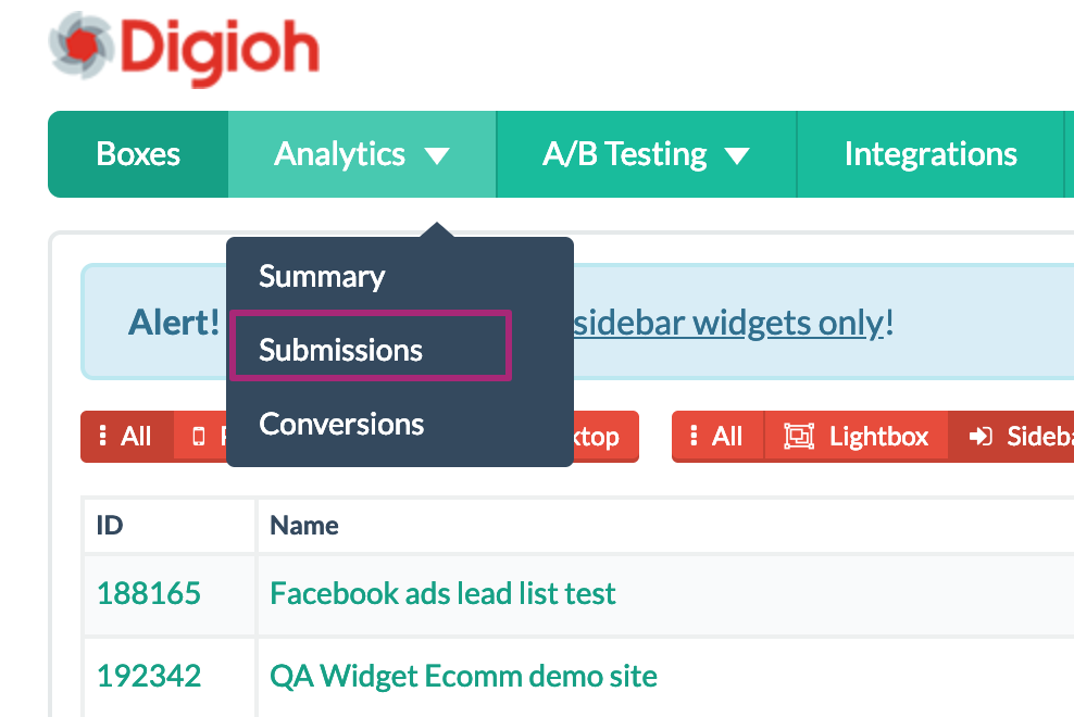 view form submissions in Digioh