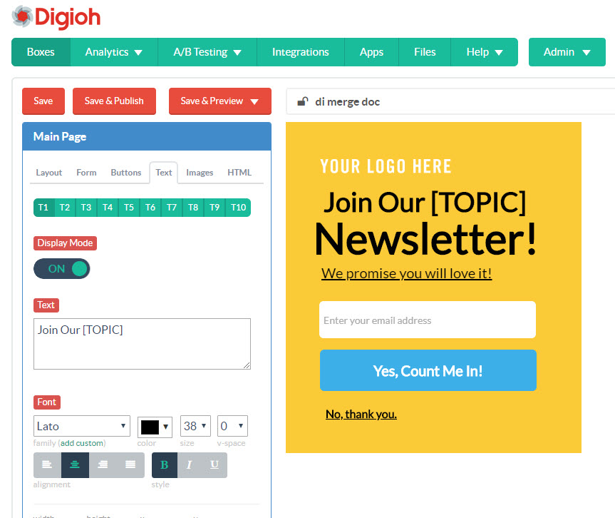 dynamic pop-up example for topic based newsletters