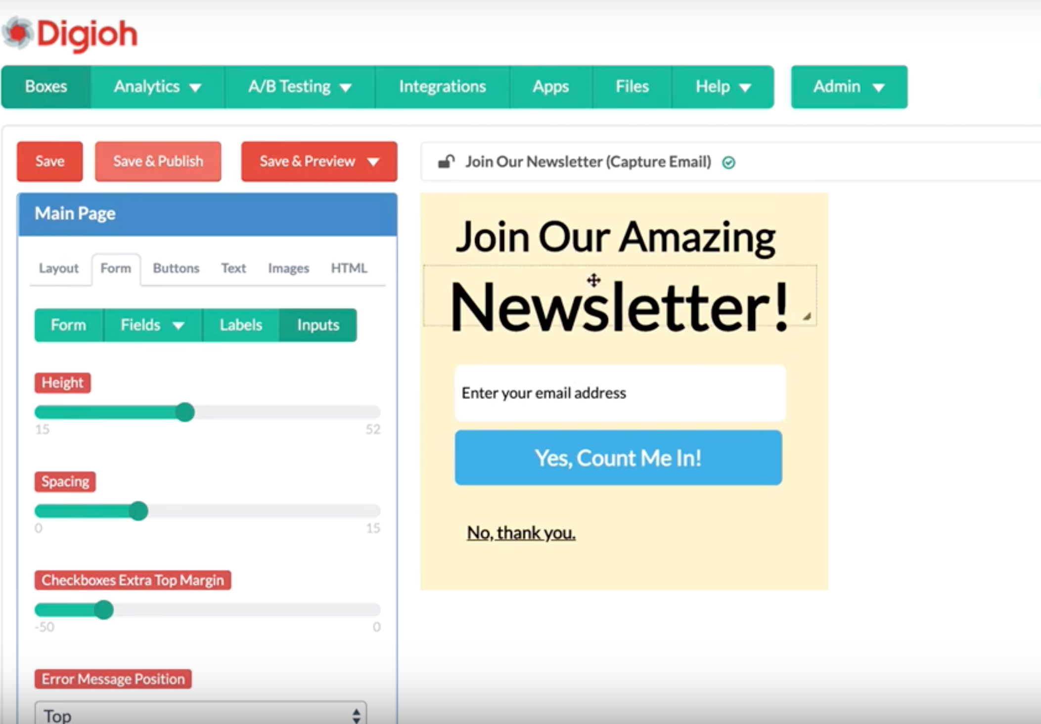 an email newsletter pop-up being designed in the digioh editor