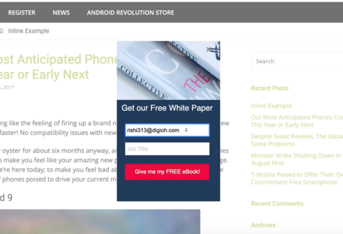 lead generation pop-up with the email field prepopulated