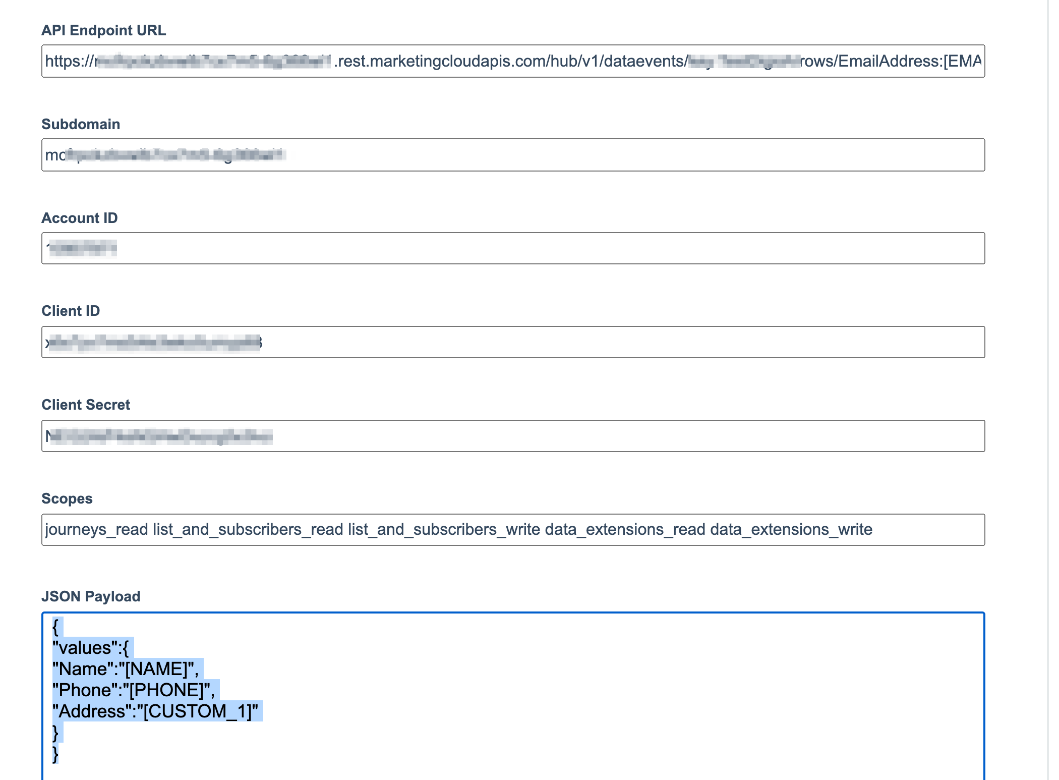 sample fields and json payload for a salesforce integration