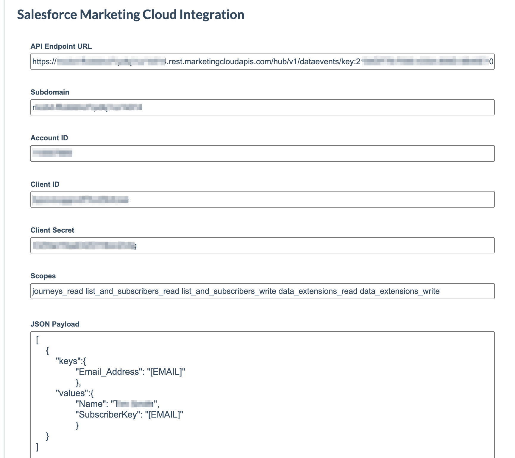 sample configuration for salesforce marketing cloud integration in digioh