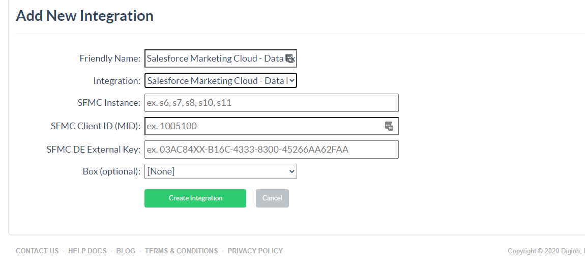 enter your client id and data extension key to complete your sfmc integration
