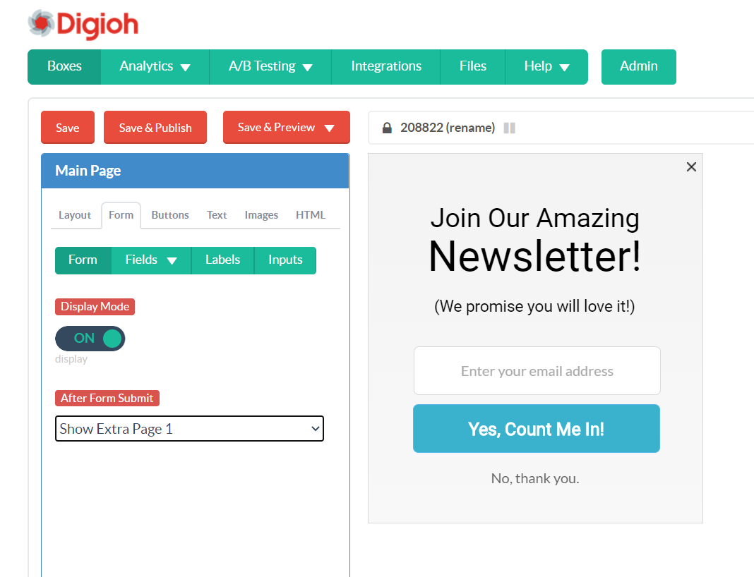email capture form being designed in the digioh editor