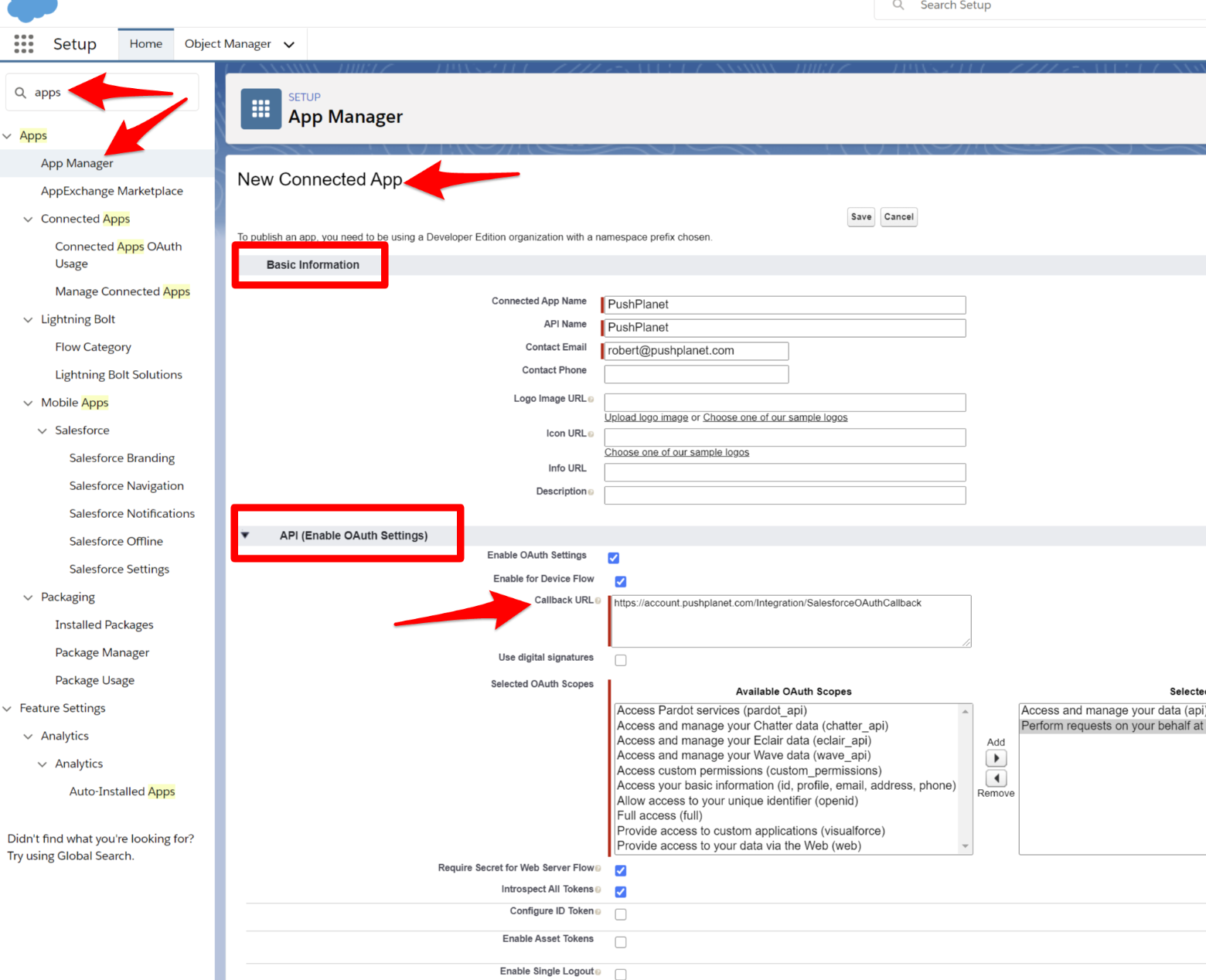 creating a new connected app in Salesforce CRM's App Manager