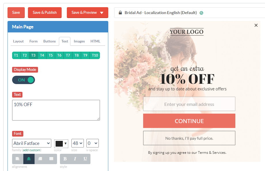 example of a localized pop-up form being created in the Digioh platform