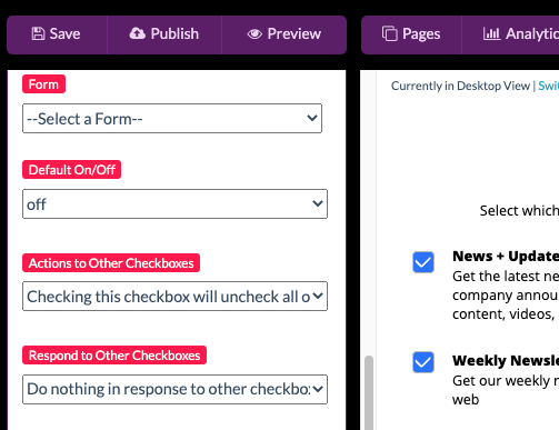 Actions & Response to Other Checkboxes Setting in the Page Editor