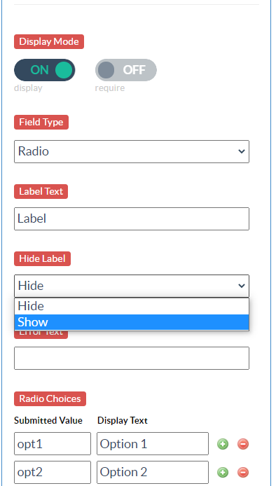 toggle labels for form fields in Digioh's form editor