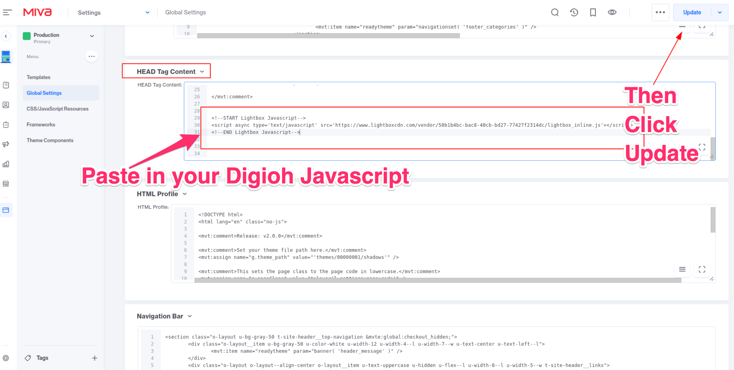 installing digioh javascript in the head content of a Miva site