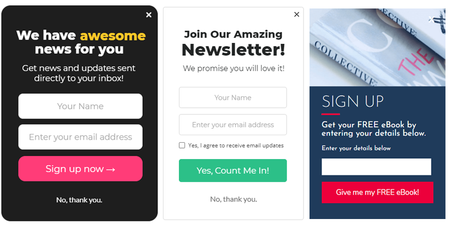 three examples of mobile responsive pop-up forms
