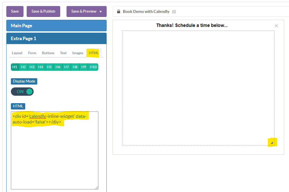 Digioh form editor with Calendly embed code added to the custom HTML section
