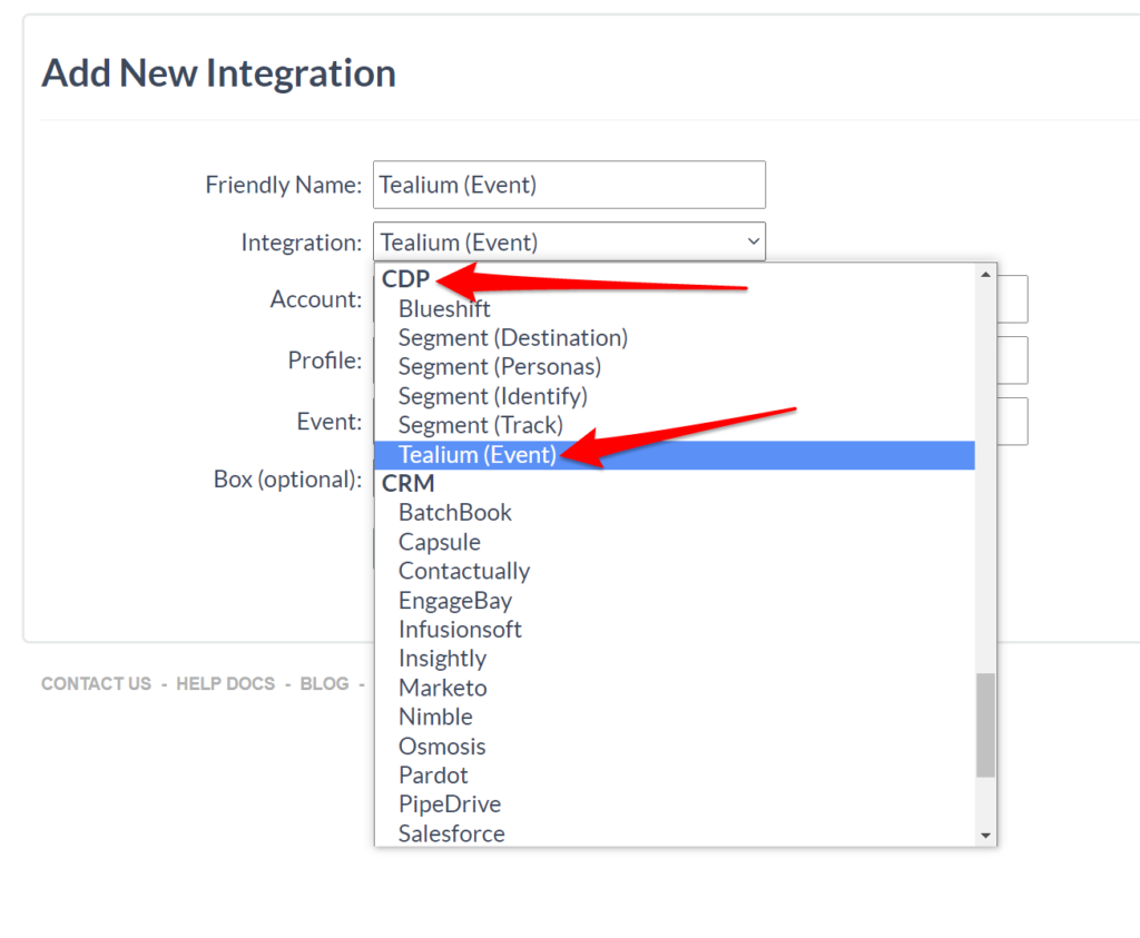 add new integration dropdown menu