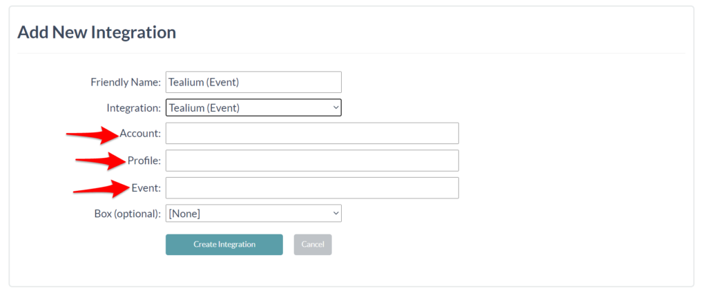 add tealium integration and fill in account, profile, and event