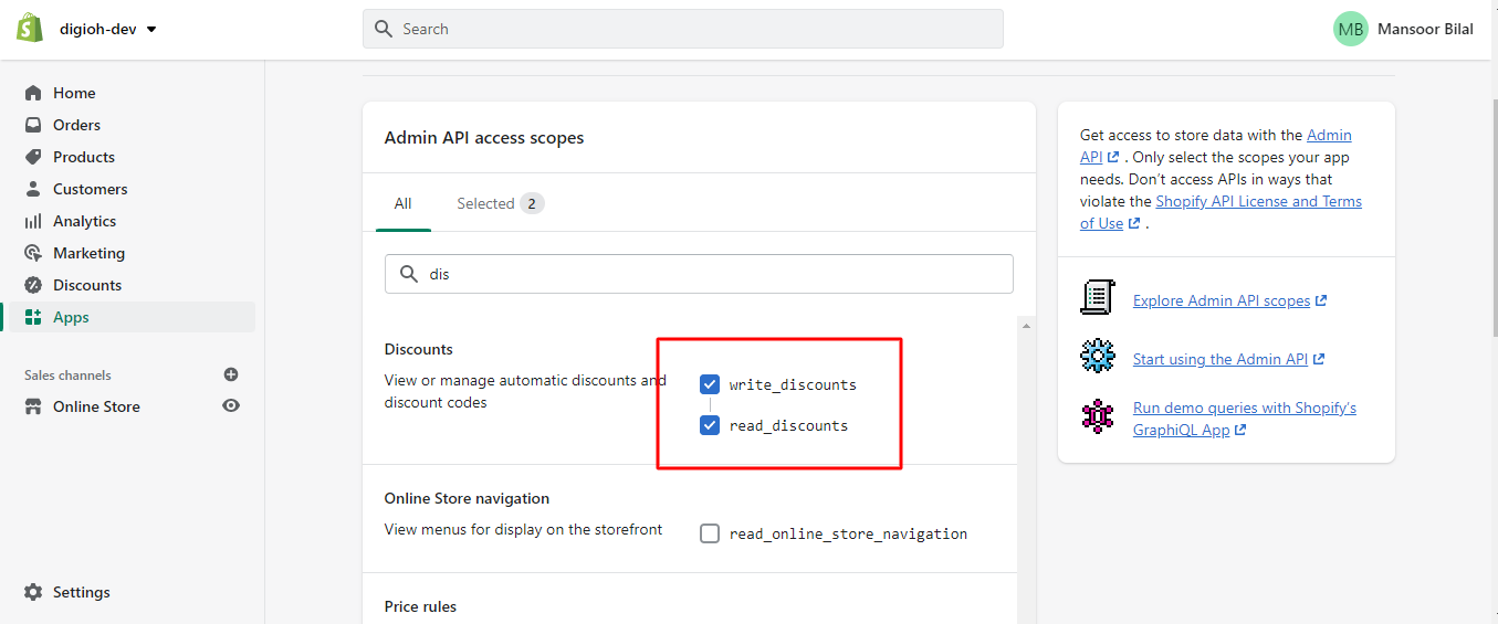 check write discounts and read discounts on the Admin API access scopes page