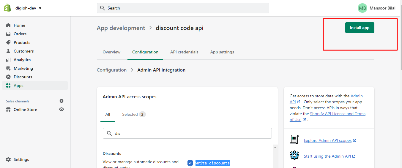 install discount code api app