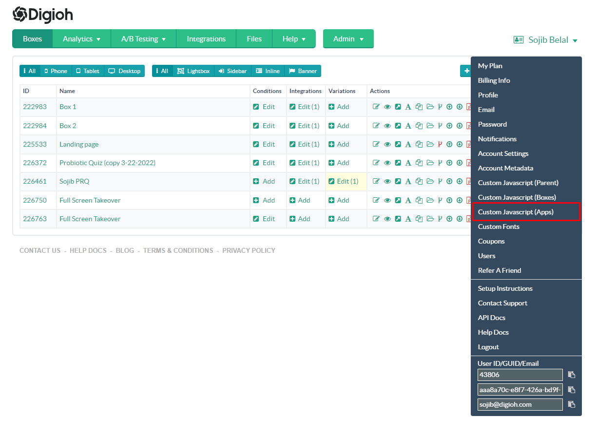 Digioh Home Custom JS Apps Menu