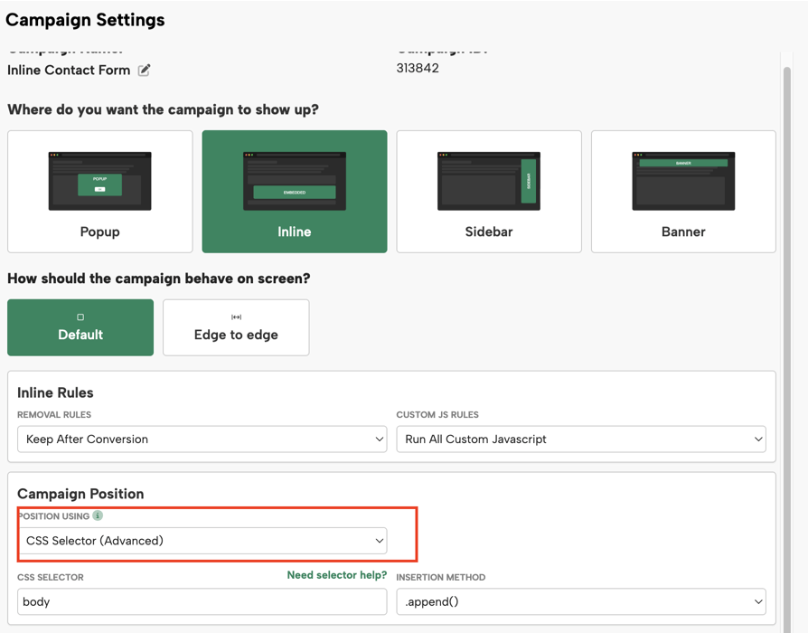 Screenshot of the Digioh Campaign Settings panel with “Inline” selected as the campaign type and the “CSS Selector (Advanced)” positioning option highlighted under Campaign Position.