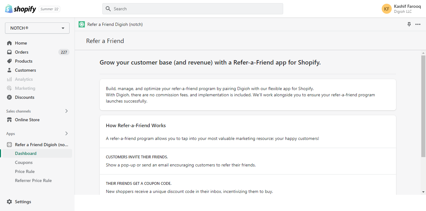 digioh refer a friend app in the shopify dashboard