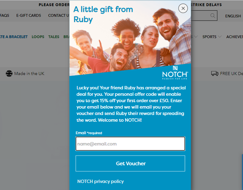 Refer a friend pop-up with email capture field