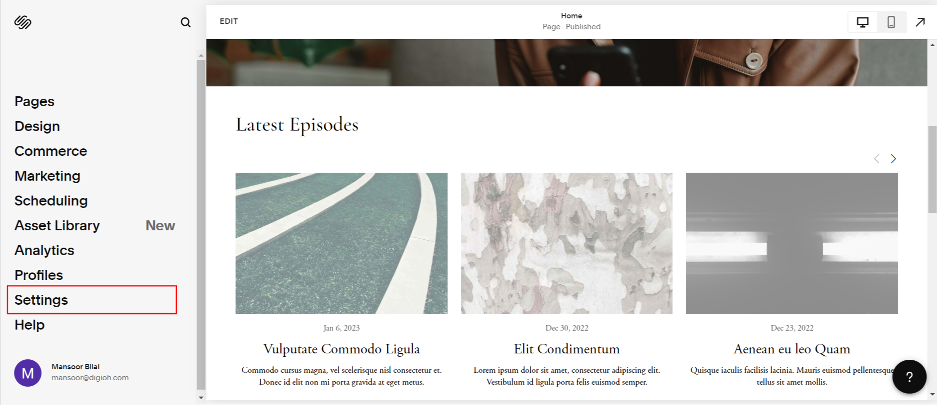 squarespace settings page