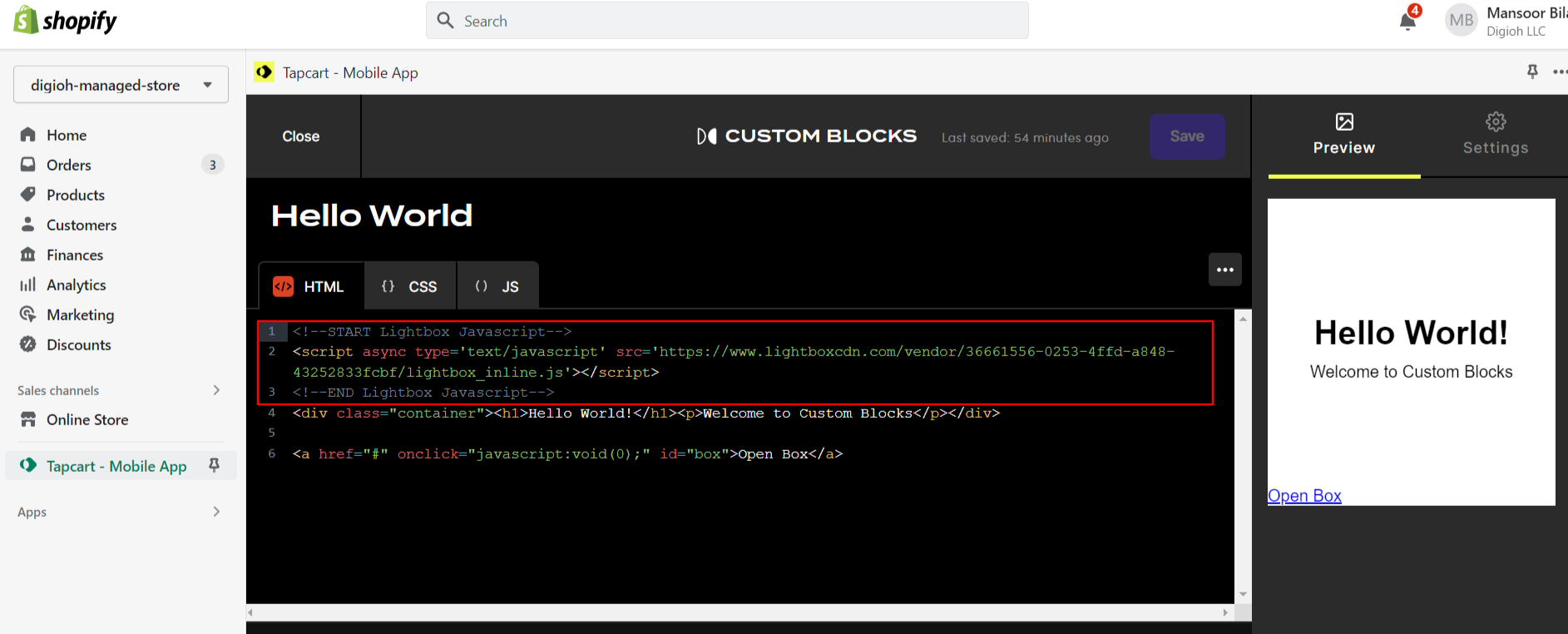 custom blocks html editor in tapcart