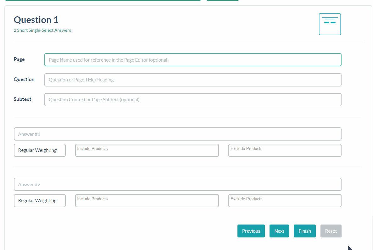 create quiz questions and enter product weighting