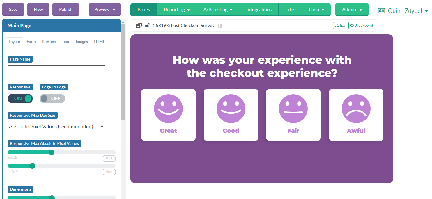 screenshot of a post-checkout survey in the digioh editor