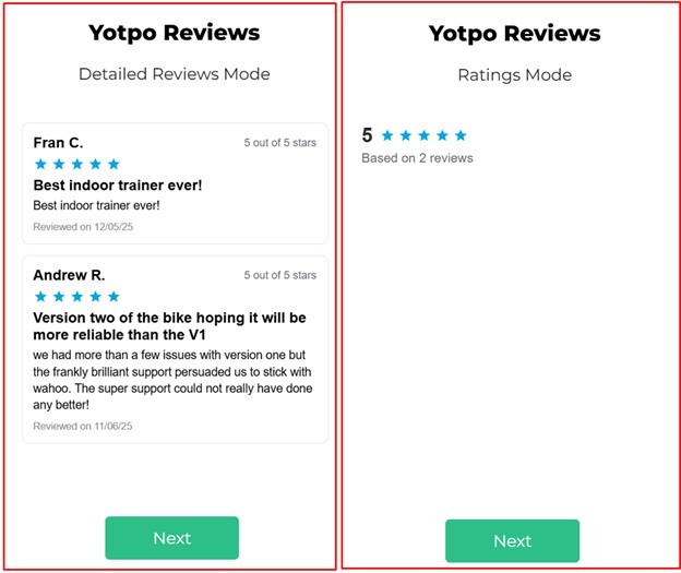 Comparison of Yotpo Detailed Reviews Mode and Ratings Mode layouts