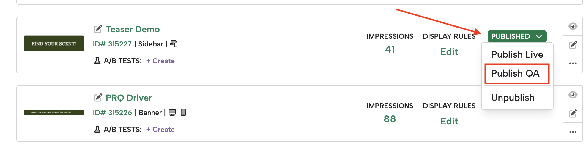 Digioh campaign list showing the Publish menu with the ‘Publish QA’ option highlighted.
