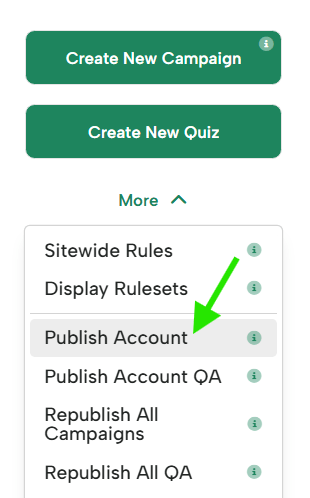 Menu showing publishing options, with ‘Publish Account’ highlighted.