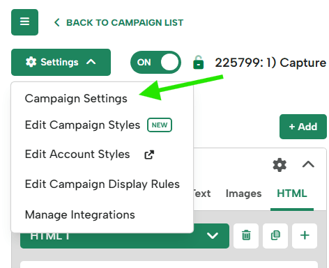 Settings dropdown highlighting Campaign Settings option