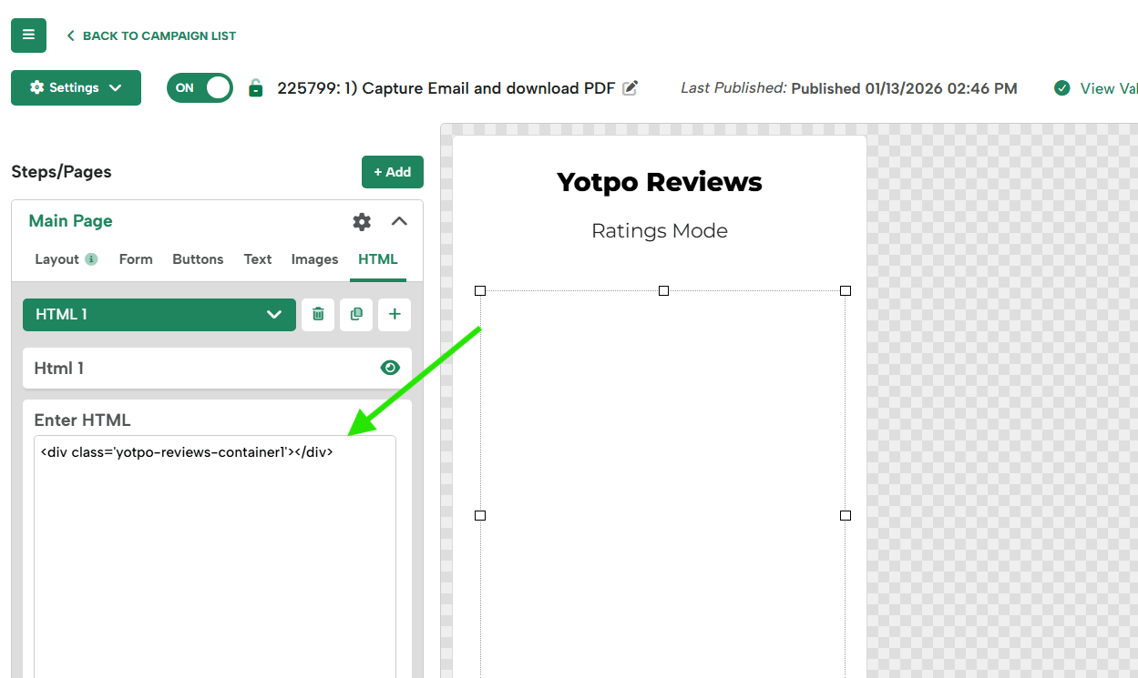 Campaign Editor HTML block containing the yotpo-reviews-container div