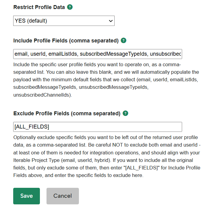 Settings form showing profile data configuration. The "Restrict Profile Data" dropdown is set to "YES (default)". The "Include Profile Fields" input contains a comma separated list including email, userId, emailListIds, subscribedMessageTypeIds, and unsubscribe related fields. The "Exclude Profile Fields" input contains "[ALL_FIELDS]". Save and Cancel buttons appear at the bottom.