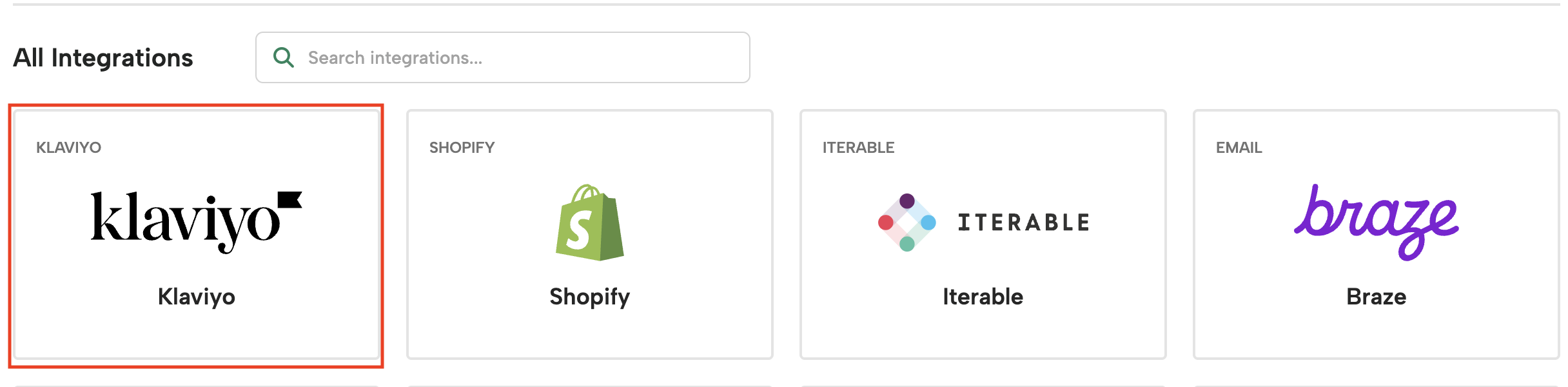 Digioh Integrations page showing available integrations, with the Klaviyo integration tile highlighted for selection.