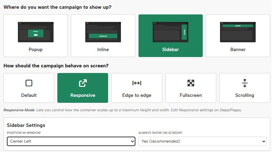 Configuring a sidebar to appear in the center on the left side of the screen 