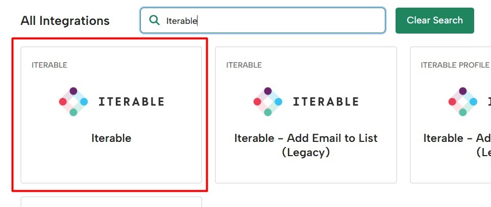 Select the Iterable card from the Integrations page