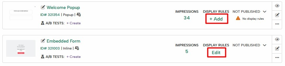 Adding display rules from the campaign list