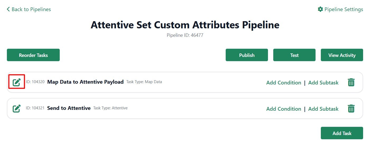 Edit individual steps in a pipeline via the edit button on the left